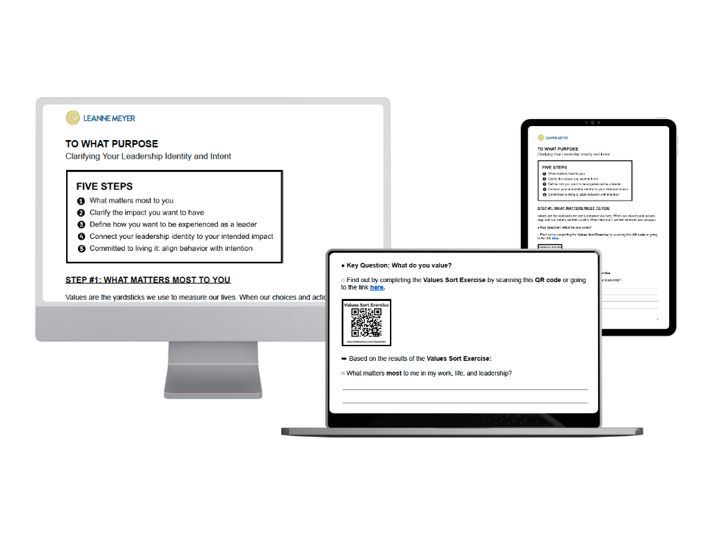 Smart Devices with the Worksheet Cover for "To What Purpose Clarifying Your Leadership Identity and Impact"